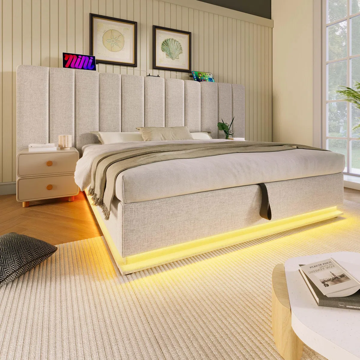 Moimhear Letto imbottito, letto matrimoniale con contenitore con controllo App LED e funzione di ricarica USB-C, lino, senza materasso e comodino (beige, 160 x 200 cm)