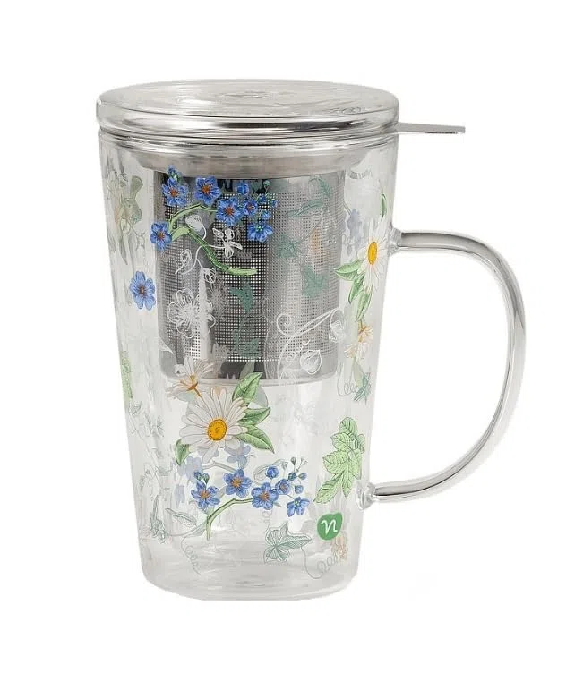 Neavita Infusiera in Vetro Borosilicato doppia parete con Stampa a Fiori - Herbal Infuser