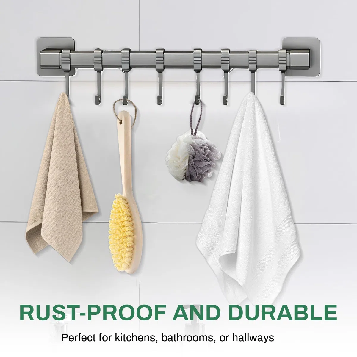 Porta Utensili da Cucina Autoadesivo con 8 Ganci Mobili,40cm Gancio da Parete Mobile Barra Portautensili Cucina,Barra Portautensili Cucina per Pentole,Portacoltelli