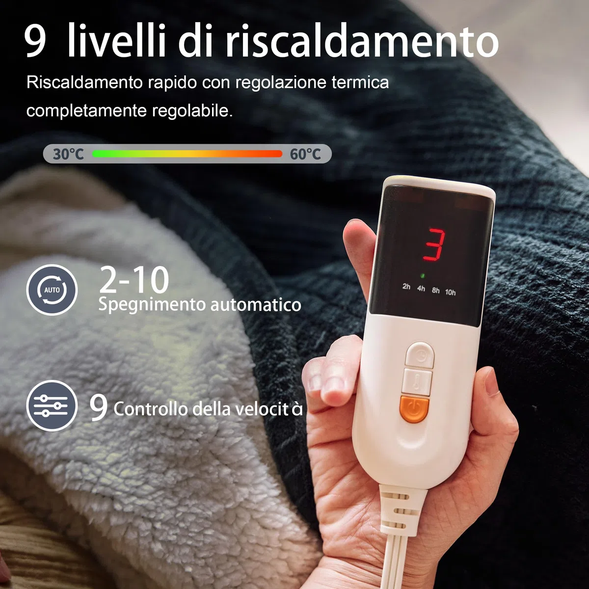 Texciting Coperta Riscaldante Elettrica-130x160cm-Coperta Elettrica con 9 impostazioni di calore-10 ore di spegnimento automatico Lavabile in lavatrice (Nero)