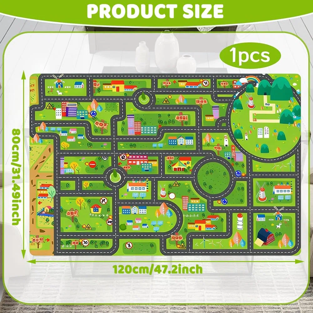 Tappeto con Tracciato Stradale Cartoon, Tappeto Mappa Città, Carpet in Fibra di Poliestere,Carpet Decorativo Antiscivolo e Lavabile per Ambienti Domestici-80x120cm