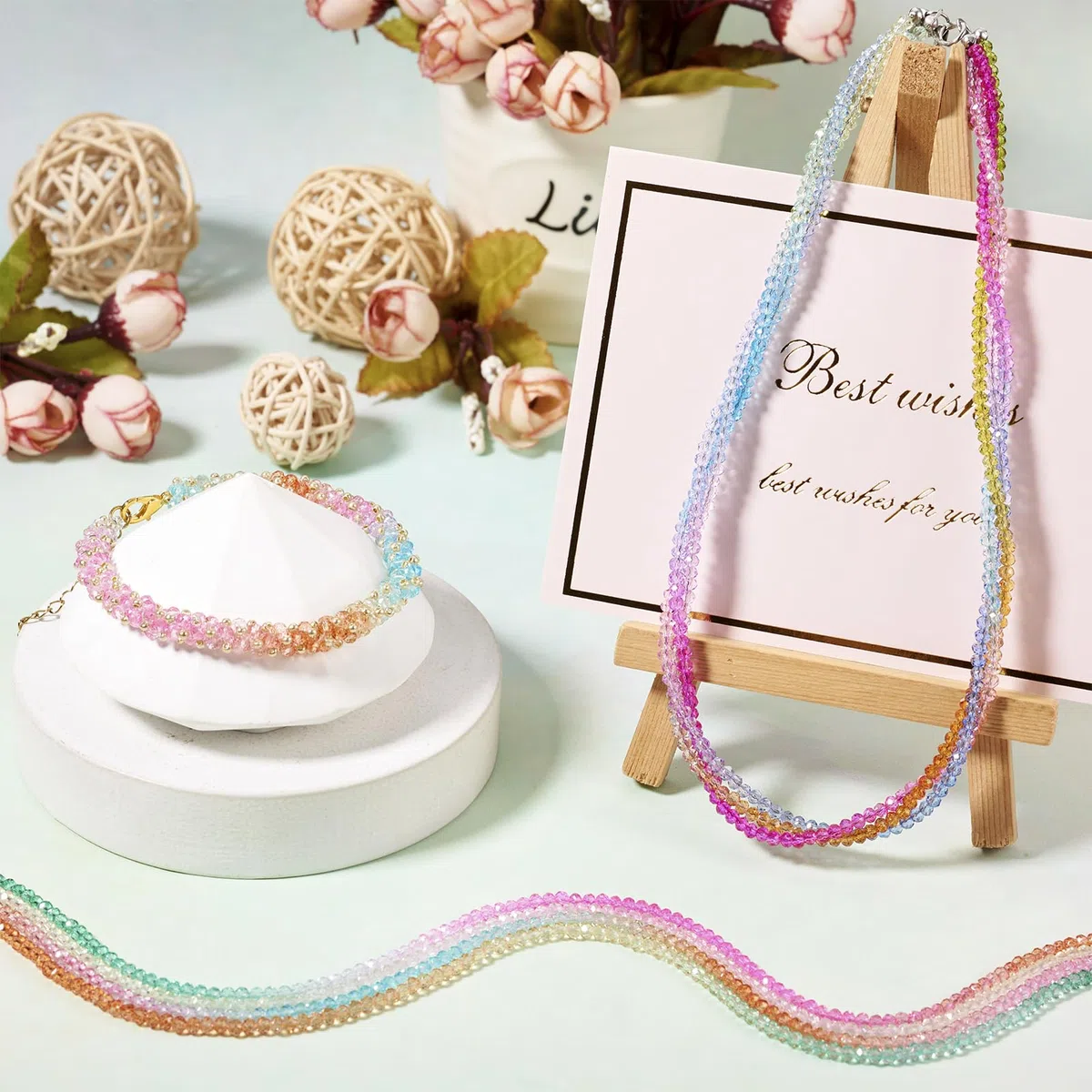 FASHEWELRY - 20 fili di perline di vetro trasparente, 3 mm, perline sfaccettate a rondelle colorate, distanziatori liberi per braccialetti e collane, bigiotteria fai da te