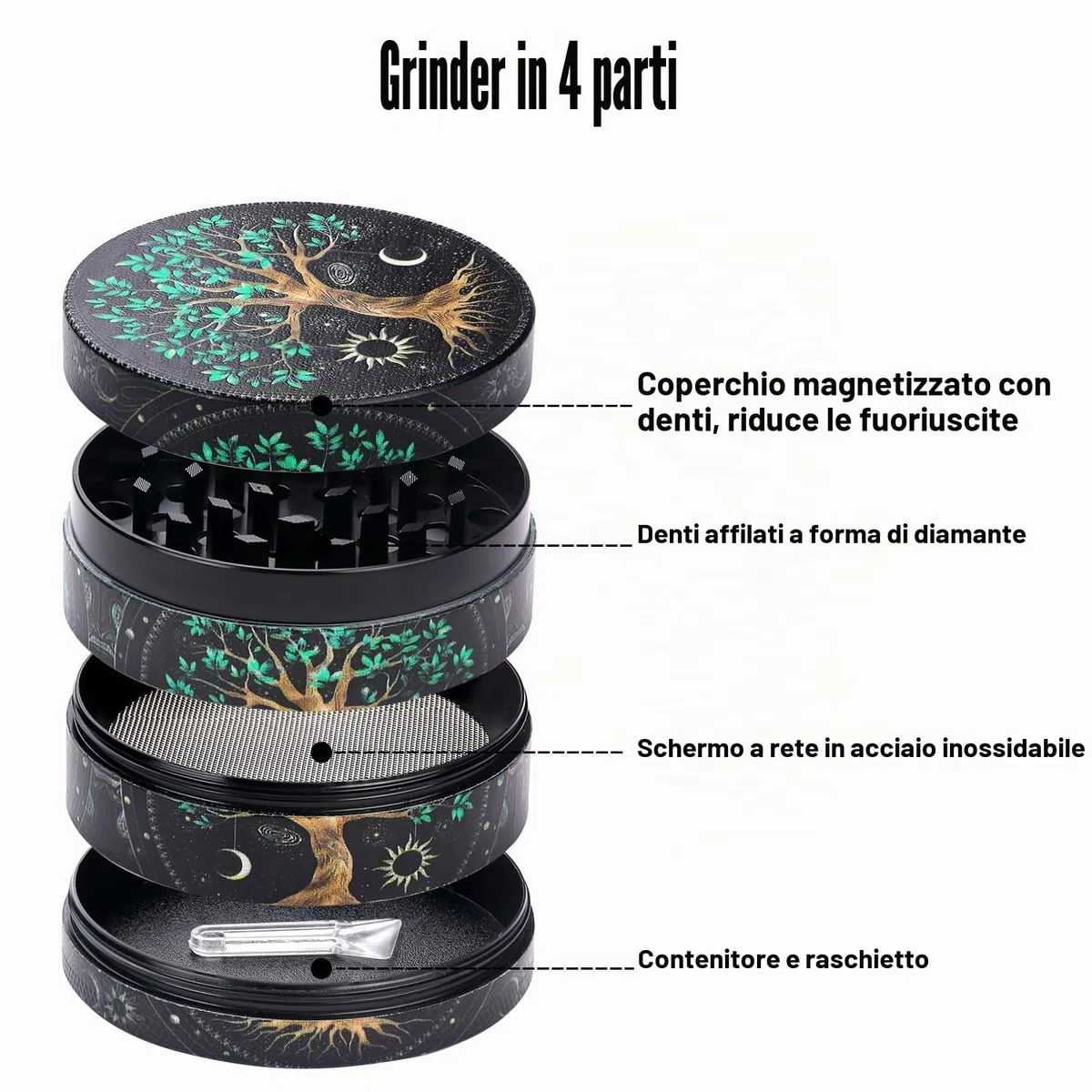 Grande Macinaspezie Versatile 63mm(2.5 "), Spespo Macinino meccanico per spezie,- realizzato in Lega di zinco - 4 Pezzi - full color printing (Tree design)