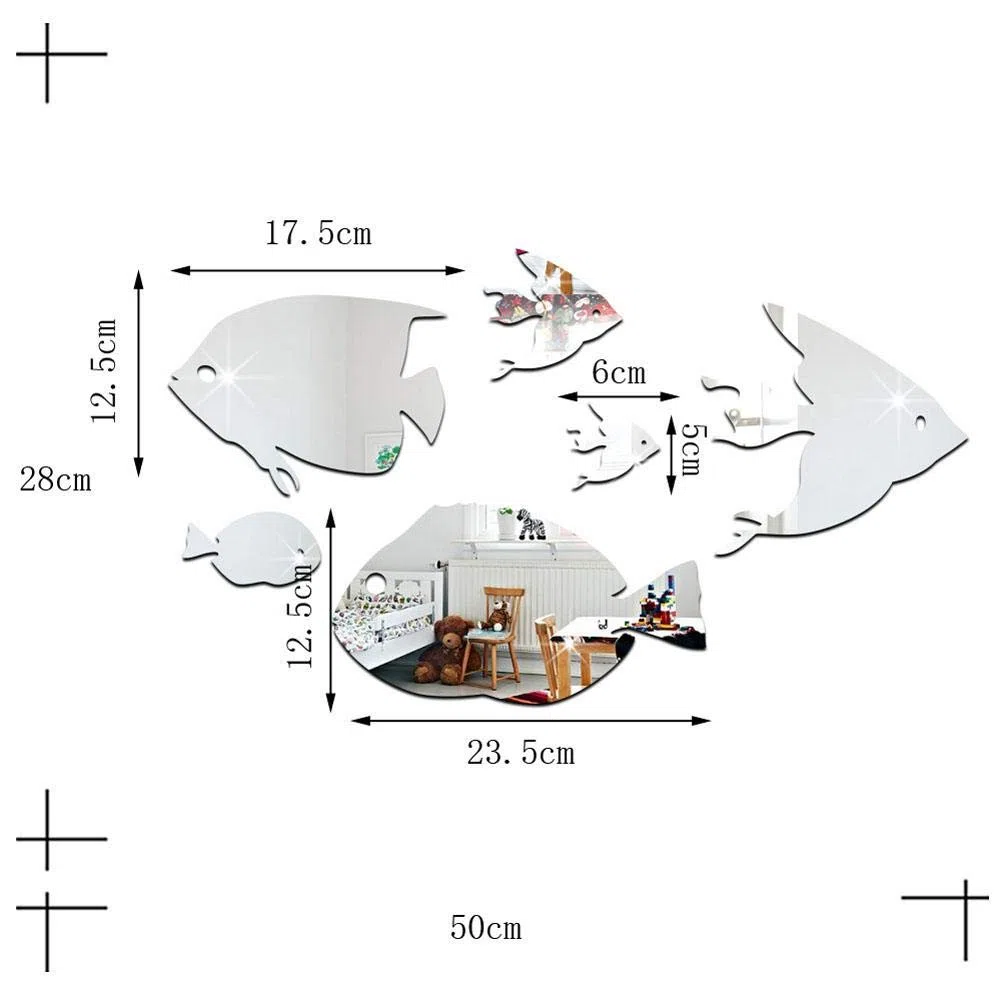 Fdit Adesivi Murali 3D, Pesce Tropicale Effetto Specchio Adesivi Murali, Adesivi Murali Removibile DIY per Decorare Bagno, Camera da Letto, Soggiorno e Baby Room, Argento