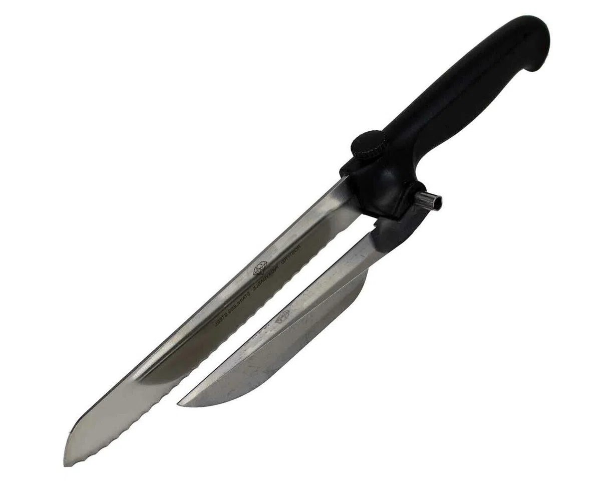 Coltello per mancini con lama in acciaio inox e guida distanziatrice