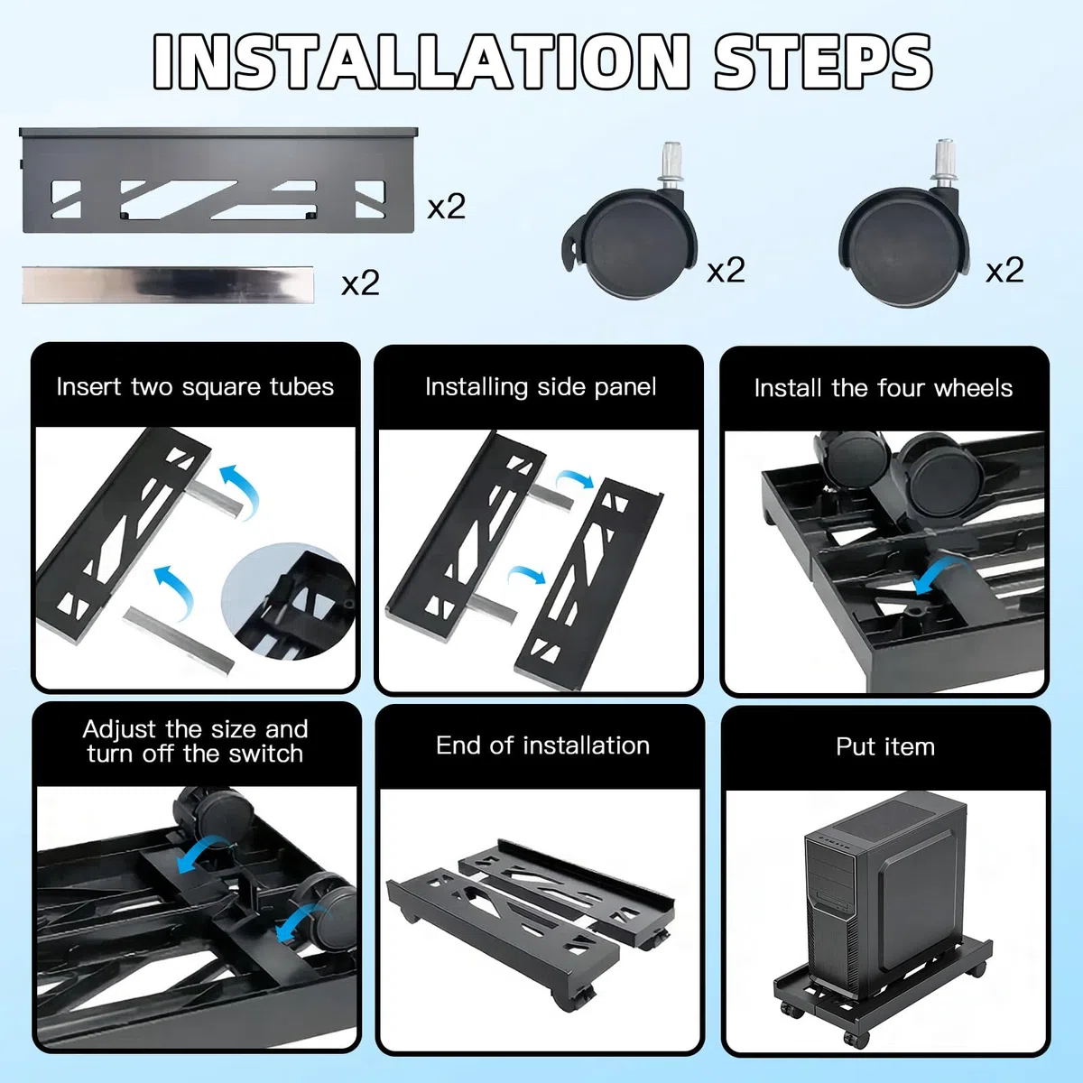 Supporto per PC con ruote, supporto per CPU mobile, accessori per computer, telaio principale, supporto mobile sotto scrivania per casa, ufficio, desk PC (nero)