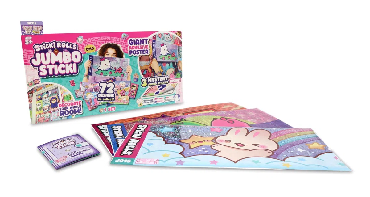 Sticki Rolls Jumbo Stickies, adesivi giganti in lamina riposizionabili, design kawaii unici, decorazione da parete da collezione per bambini dai 5 anni in su