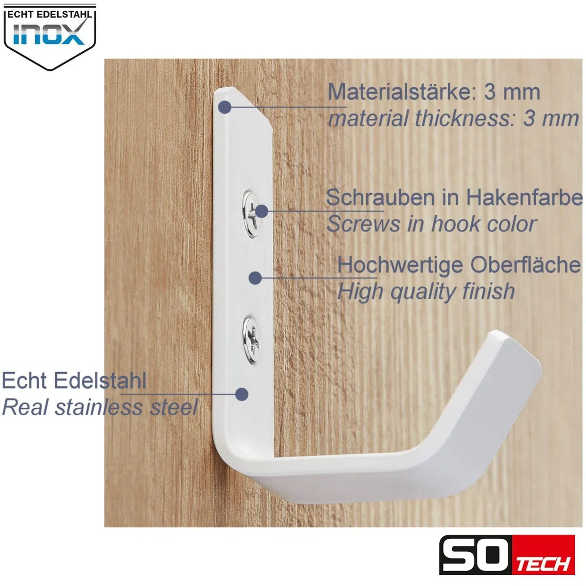 SOTECH 5 x Appendiabiti Loxten 60 x 20 x 45 mm bianco Acciaio inox Gancio a muro con spessore del materiale di 3 mm Gancio per giacca con bordi arrotondati
