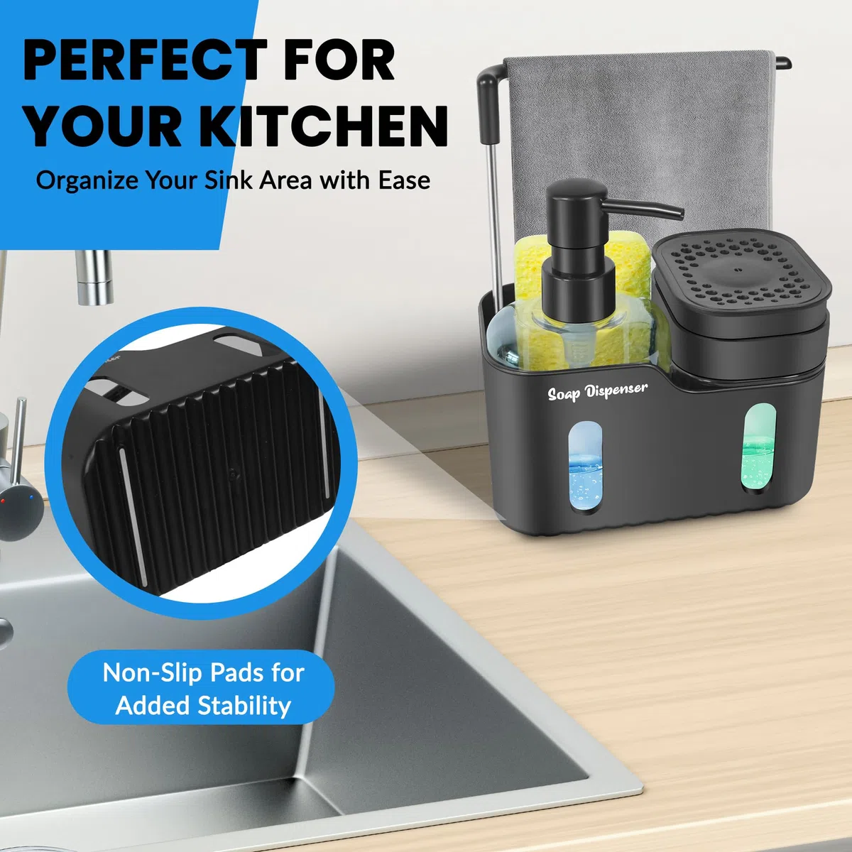Set doppio di dispenser di sapone per lavello da cucina, dispenser di sapone 4 in 1 per mani e piatti con supporto per spugna, portaspazzole e gancio per strofinacci, design rimovibile e antiscivolo