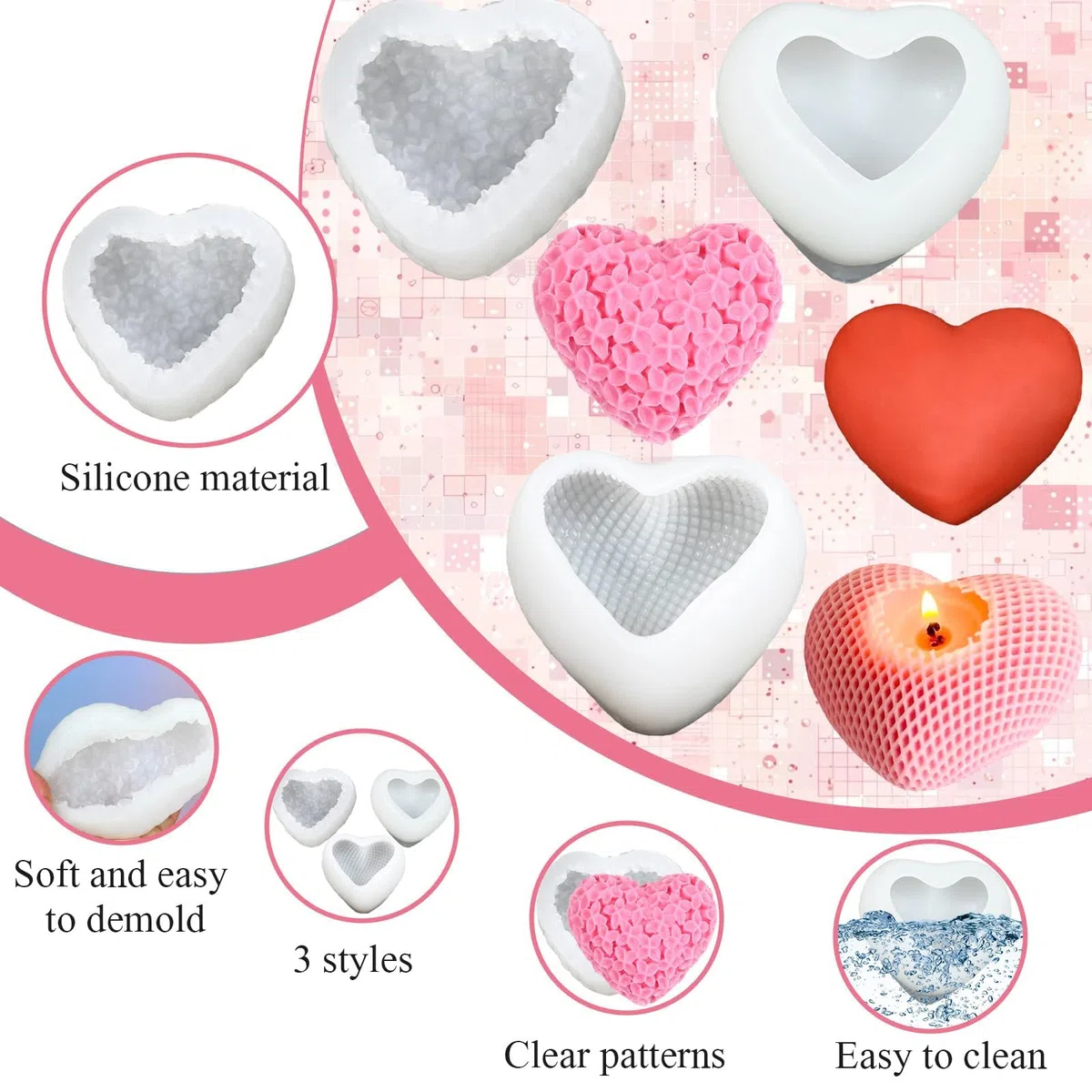 3 Pezzi Stampi in Silicone per Candele Stampi per Candele 3D per Candele a Forma di Cuore, fai da te in silicone per Sapone, per Sapone, Cioccolato, Decorazione per Torte