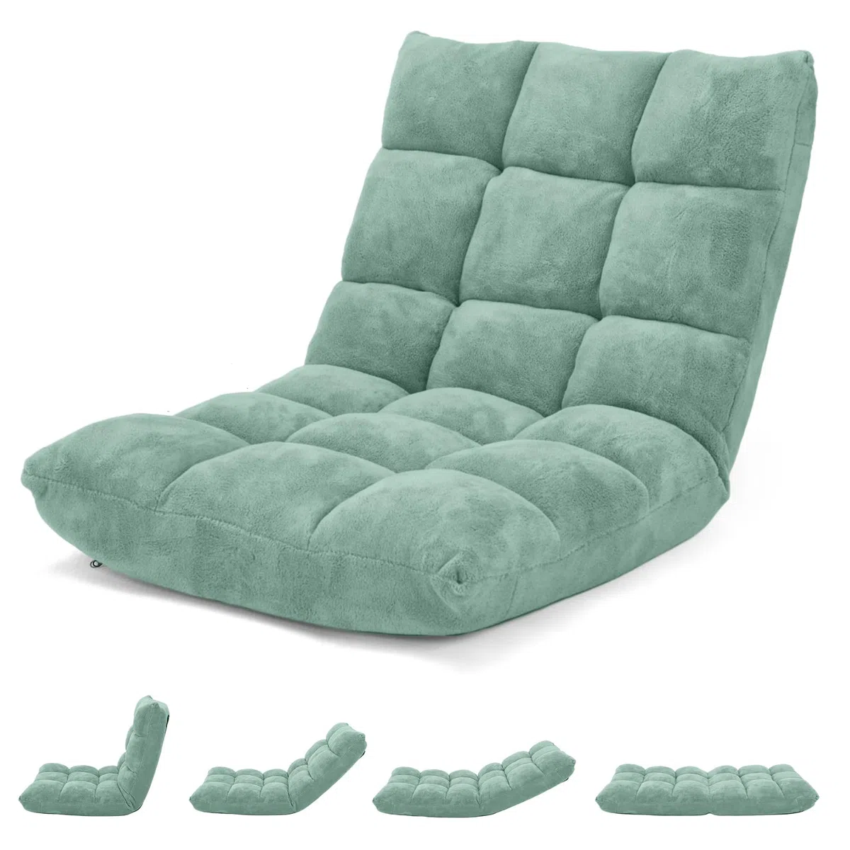 HOMASIS Sedia da Pavimento con Schienale Regolabile in 14 Angoli, Sedia Pieghevole in Velluto a Costine, Poltrona Imbottita per Lettura, Meditazione, Cuscino da Terra, 15cm Spessori (Verde Fruta)