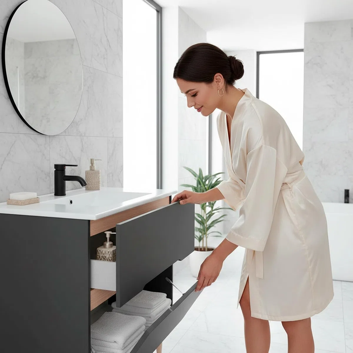 Arreditaly Mobile Bagno A Terra Con Lavabo In Ceramica E Specchio Inclusi 1 Cassetto Soft Close E 1 Anta A Vasistas Design Moderno Salvaspazio 80 x 45 x 80 Cm Colore Grigio Antracite E Rovere