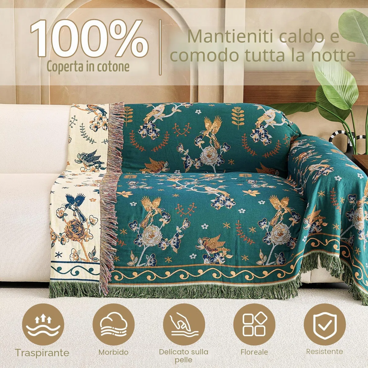 VANJOROY Coperta per Divano e Letto Grande in 100% Cotone Organico con Motivo Floreale di Uccelli - 130x150cm, Coperta Morbida Doppio Lato Stile Bohémien per Poltrona Singola a 2 Posti, Tappeto da