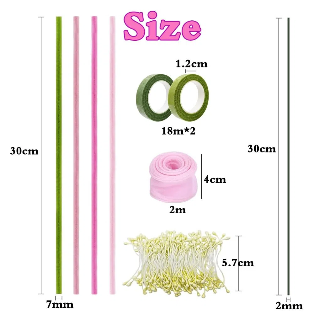 Pulitori per Pipe Rosa Set di Pulitore per Pipe Fiori per Fai da Te con Bastoncini di Fiori Rotoli di Nastro Stick di Colla Confezioni di Bouquet Nastri Stami