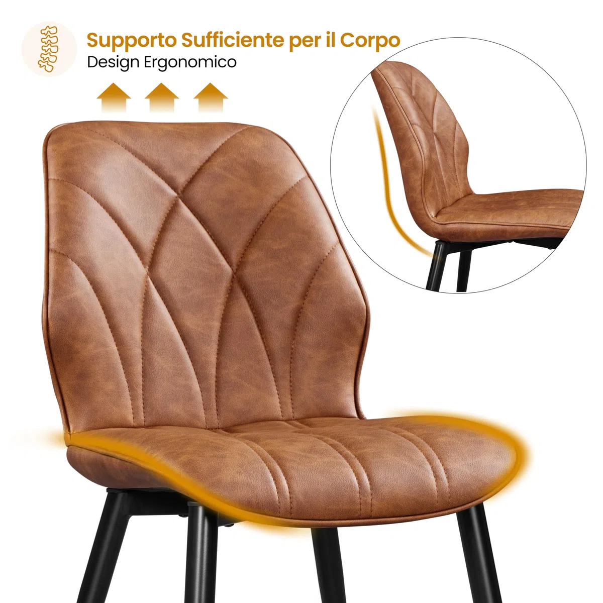 Yaheetech Set 2 Sedie Sala da Pranzo Moderne Imbottite in Ecopelle Eleganti con Schienale Ergonomico Gambe Telaio in Metallo Portata 136 kg Marrone Retro