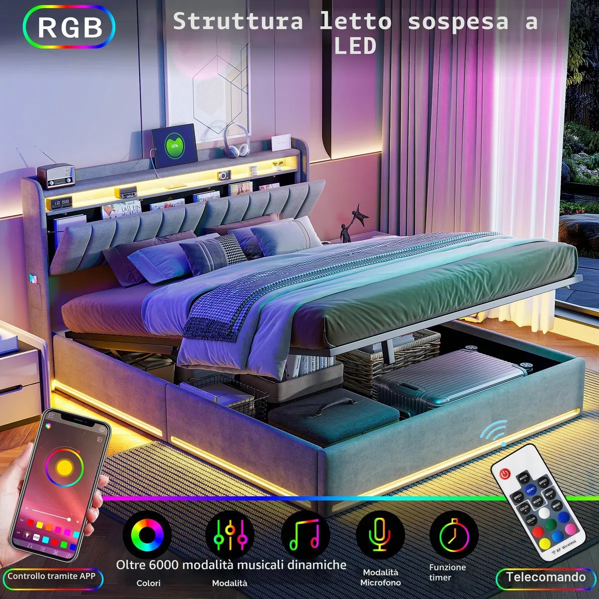 Letto Matrimoniale con Contenitore 160x200 cm,Letto Imbottito con LED e USB,Testiera con Funzione di Stoccaggio,Letto Baule 160 x 200 con Idraulico e Rete a Doghe,Velluto,Grigio