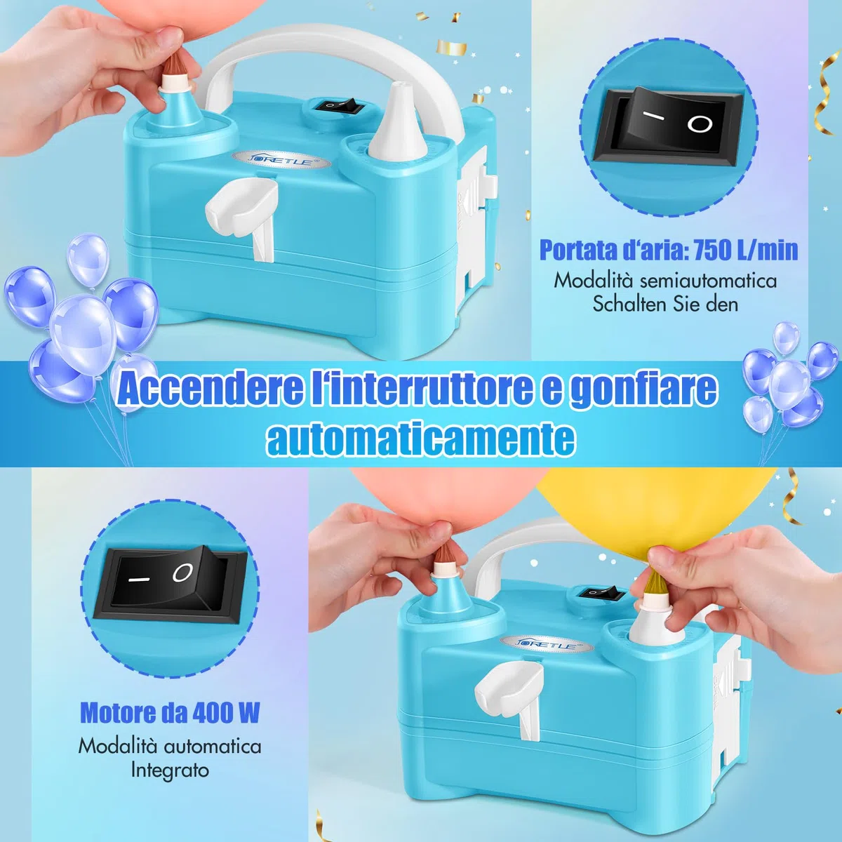 Pompa per Palloncini Elettrica Portatile, 220-240V Macchina per Gonfiare Palloncini Elettrico, Pompa Aria per Palloncini Elettrica con 2 Boccagli Modalità per Compleanni, Matrimoni Decorazioni