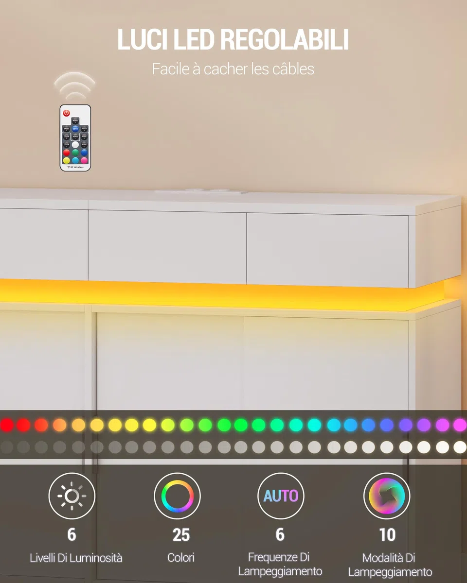 Hzuaneri Credenza Cucina, Mobile Cucina con 4 Cassetti, 4 Ante Scorrevoli, Presa Elettrica e Illuminazione a LED, Ripiani Regolabili, stile Moderno, per Cucina, Soggiorno, 40 x 140 x 85 cm, Bianco