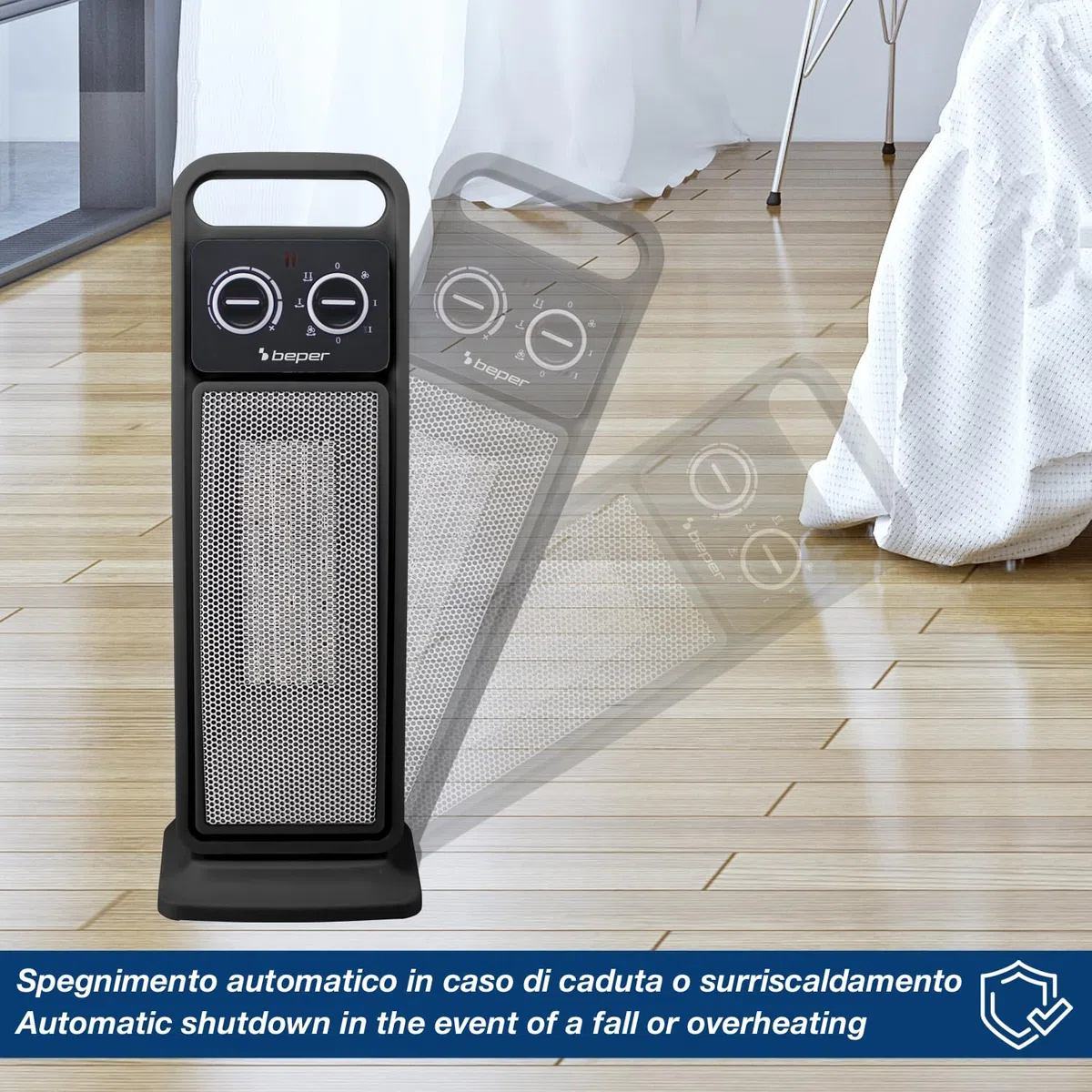 BEPER P203TER002 Termoventilatore Ceramico a Torretta, Stufetta Elettrica 2000W con Oscillazione Automatica, Termostato Regolabile, 2 potenze, Sicuro con Autospegnimento