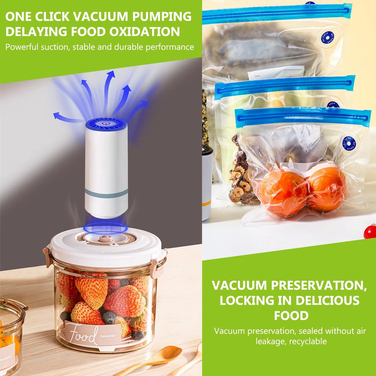 BAIFULAI Macchina sottovuoto con 15 sacchetti sottovuoto, mini sottovuoto portatile per uso domestico, 3 misure, USB ricaricabile, plastica, bianco, manuale, 5 volts