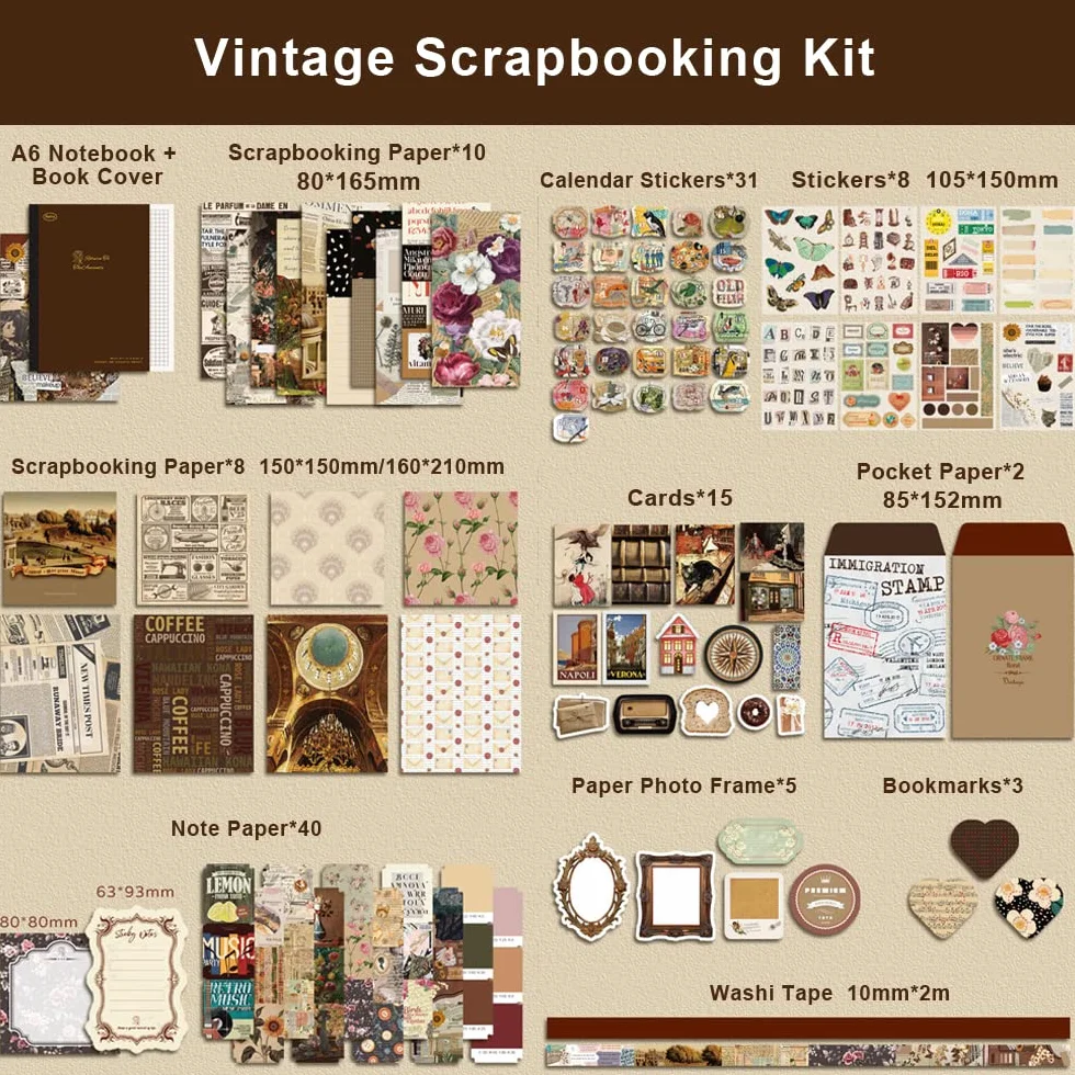 136 Pezzi Set di Accessori per Scrapbook Estetico, Bullet Journal Materiale Vintage, Kit Completo Journaling con Taccuino A6, Adesivi Scrapbooking per Album Diario