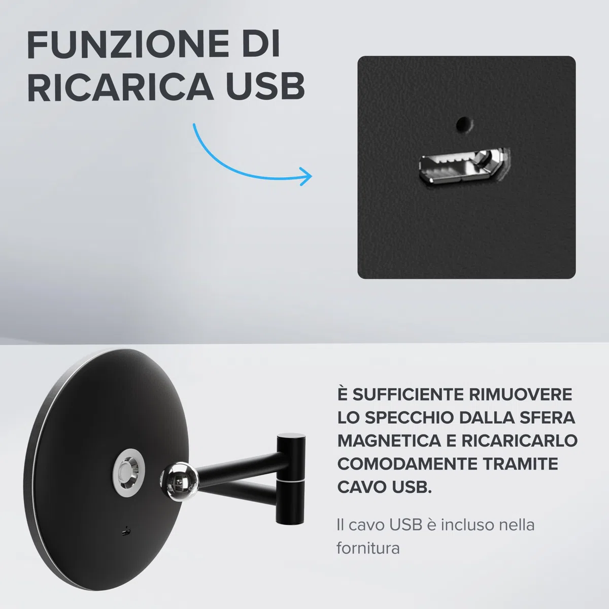 ovimar specchio cosmetico Leinoya | con illuminazione | ricaricabile | da parete per forare | in bagno | specchio ingranditore 5x | specchio per il trucco con luce | specchio a 360 gradi