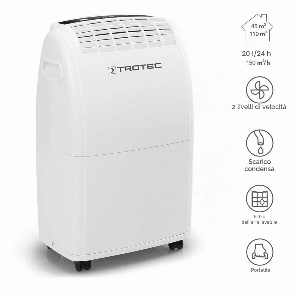 TROTEC Deumidificatore elettrico per ambienti TTK 75 E – potenza 20 L/giorno – superficie 45 m² / 110 m³ – dispositivo di deumidificazione con spegnimento automatico