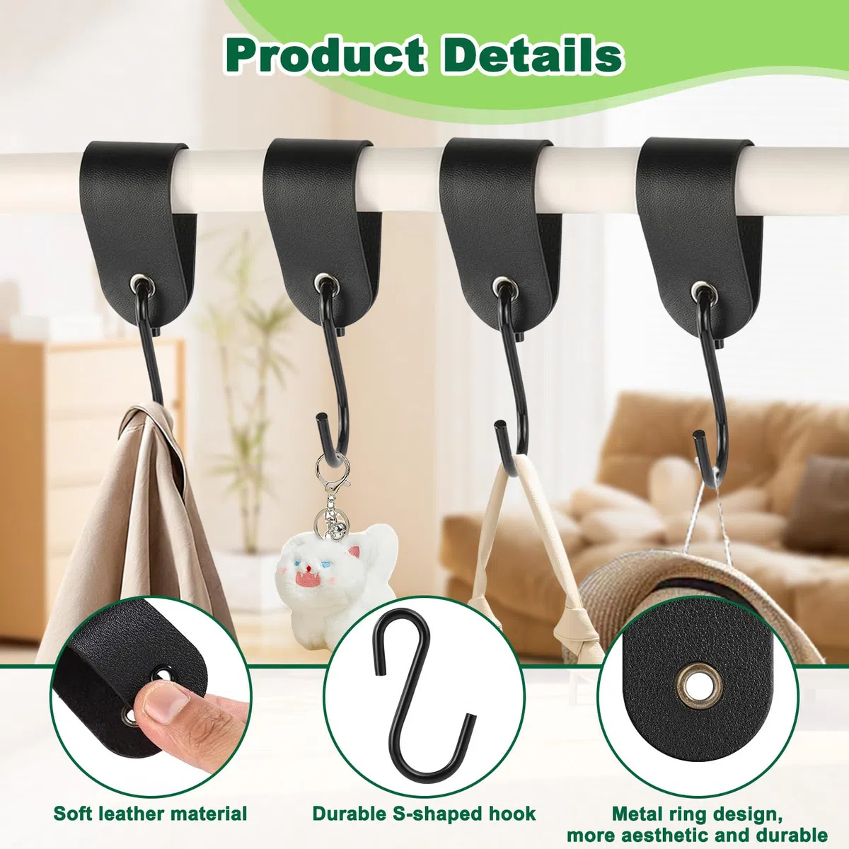 15Pcs Ganci a S con Striscia Pelle, Gancio Appendiabiti Campeggio Acciaio Inox Nero, Ganci Cappotti Passeggino Gancetti Cucina Metallo Multifunzionali per Appendere Vestiti Asciugamani Armadio Tazze