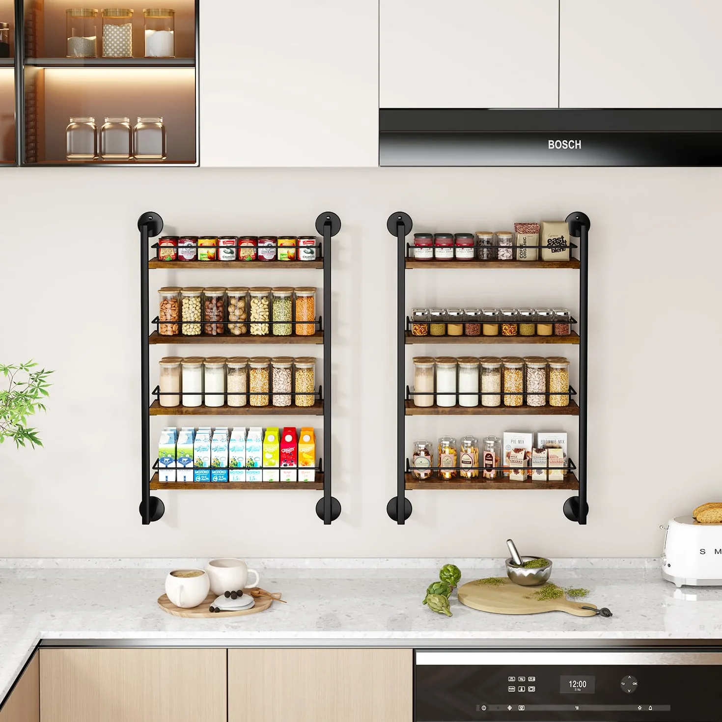 IBUYKE LJ016H - Portaspezie da parete, 4 ripiani, grande organizer per spezie fino a 50 bicchieri, in legno, per cucina, porta armadio, bagno, dispensa, marrone