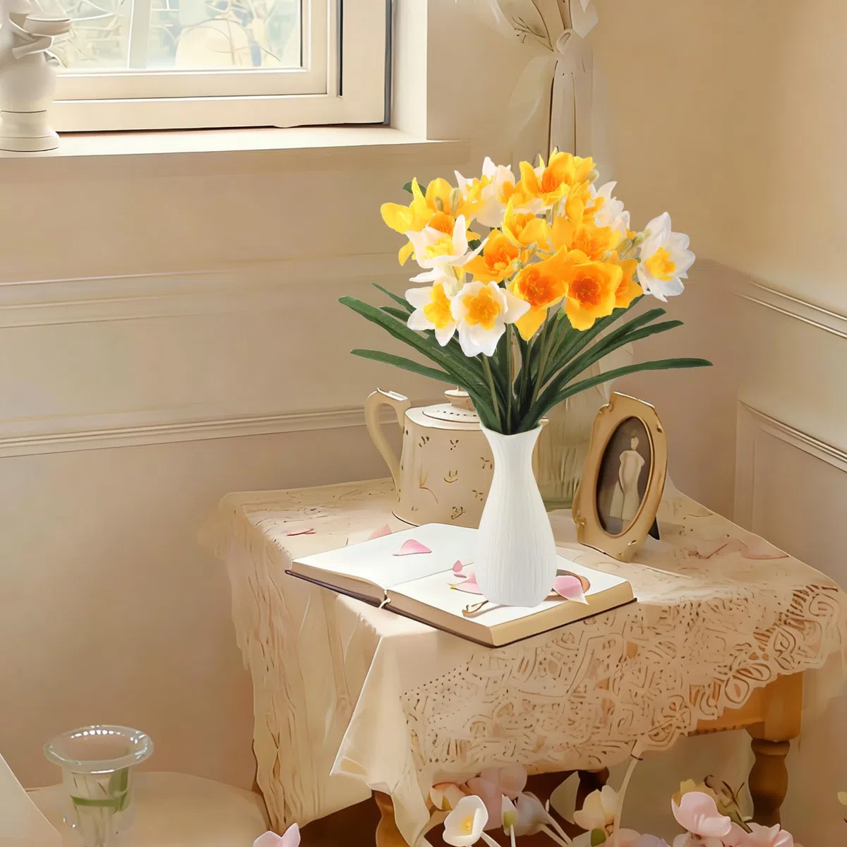 8 Pezzi Fiori Artificiali Narcisi Fiori Finti per Decorazioni Fiori Artificiali Bianco Giallo Fiori Finti da Esterno Adatto per la Decorazione di Esterni Balconi Interni Giardini