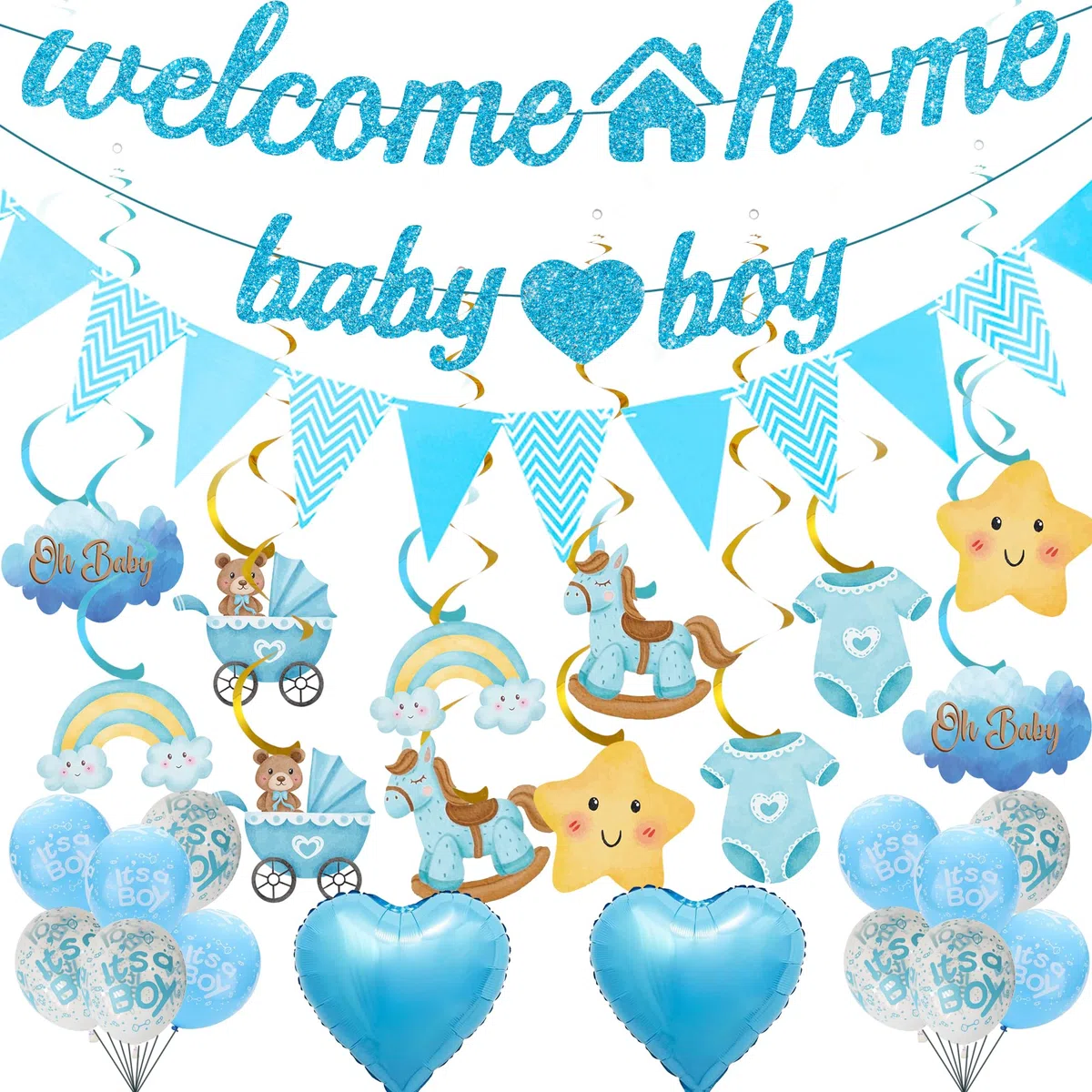 Benvenuto a casa, decorazione per bambini, 34 pezzi, blu, Welcome Home Baby Boy Banner, ghirlanda, ghirlande sospese, palloncini per Welcome Home Shower baby shower