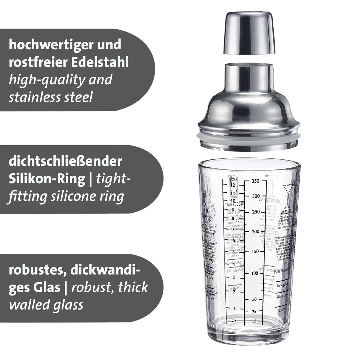 Westmark Shaker per cocktail Sam – shaker con bilancia e colino, miscelatore professionale per cocktail, accessori per bar, include ricette – acciaio inox, vetro, 400 ml