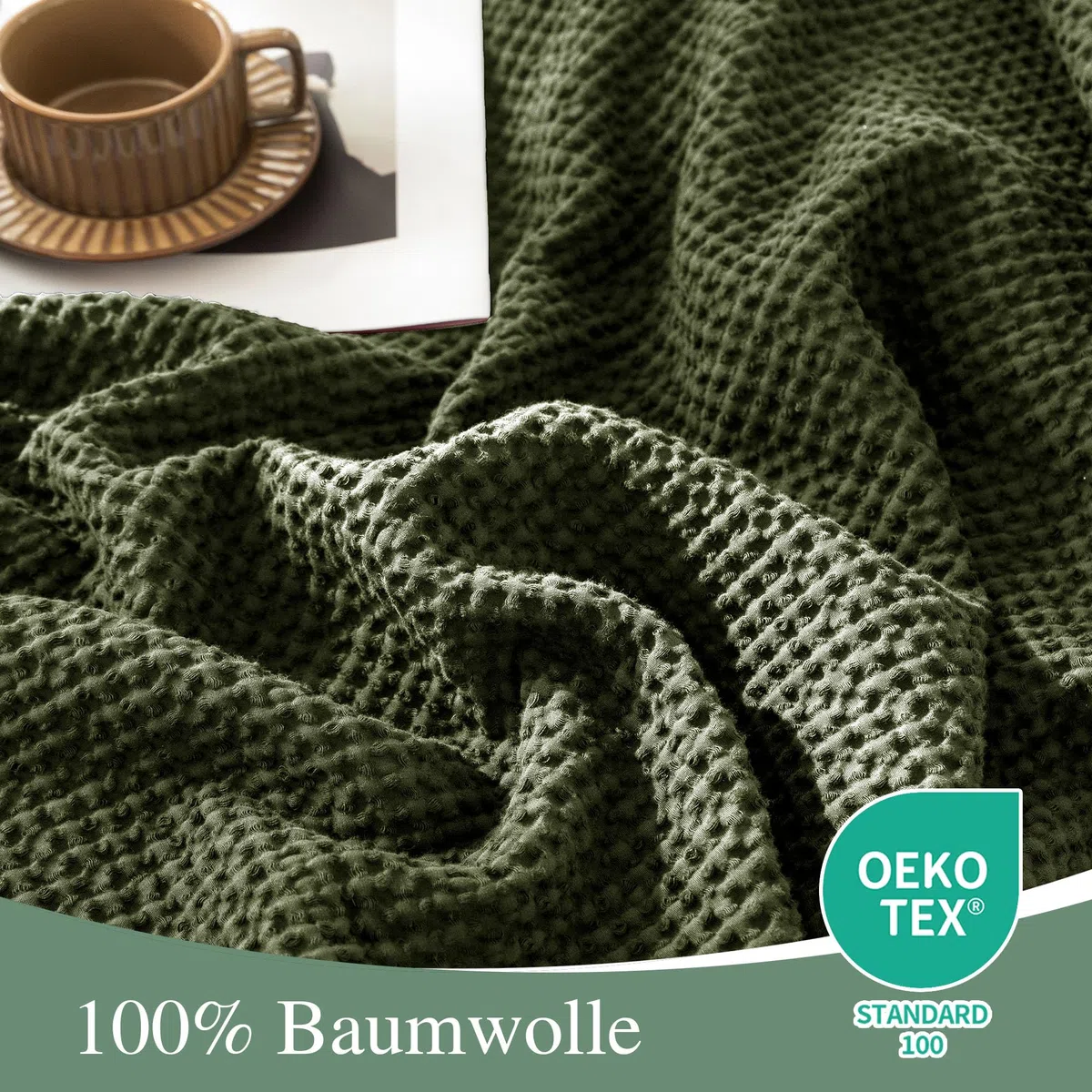CHUFFED 100% Cotone Coperta 220 x 240 cm, Morbida e Traspirante Trapunta, Motivo a Gabbia Leggera come Coperta per Divano, Morbida e Soffice Coperta per il Soggiorno, Divano o Poltrona Verde Oliva