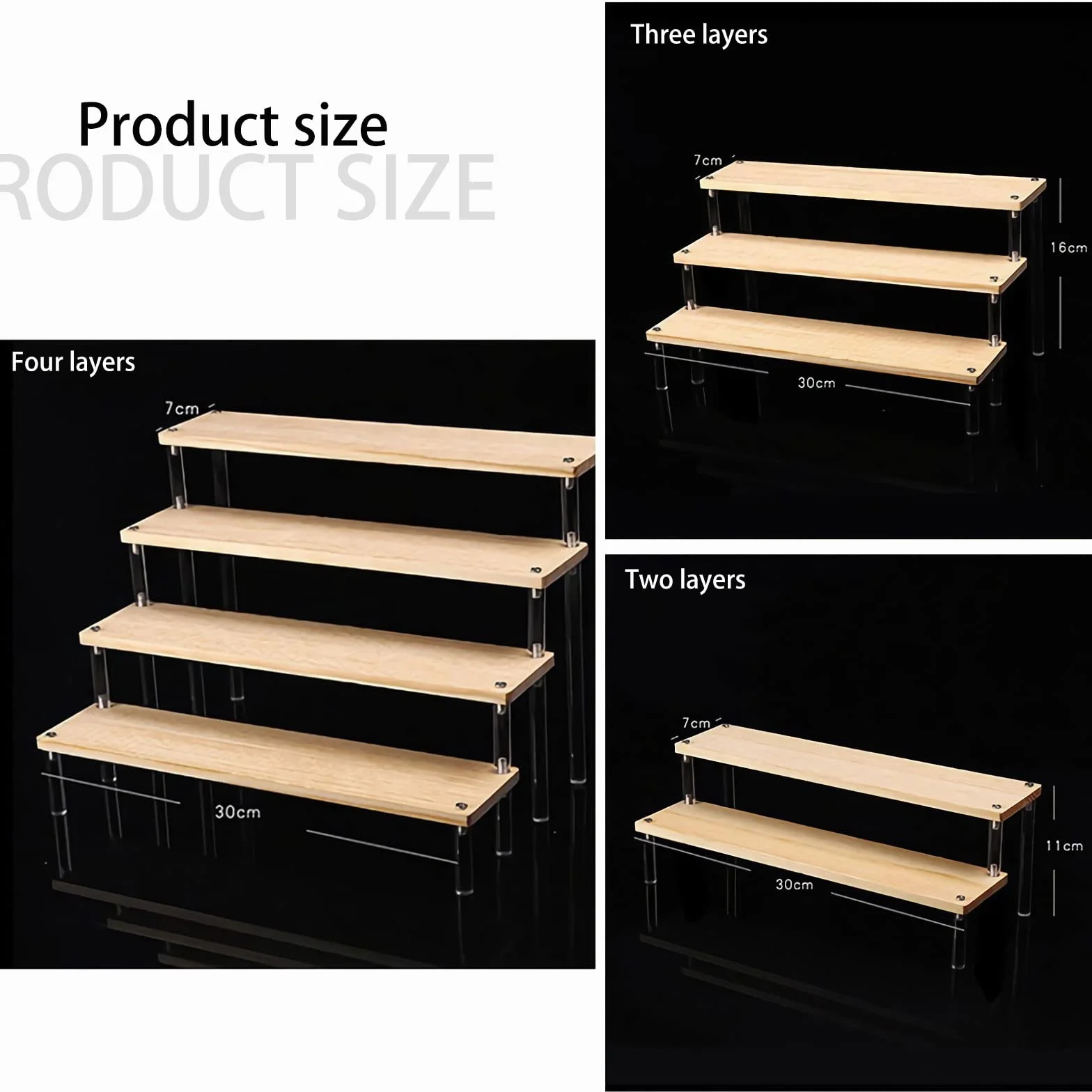Windfromort Alzate Espositore Acrilico, 4 Strati Stabile a Scala Legno, Display Espositore Riser Gioielli per Torte Trucco Profumi Oggetti da Collezione Rossetto Cupcake