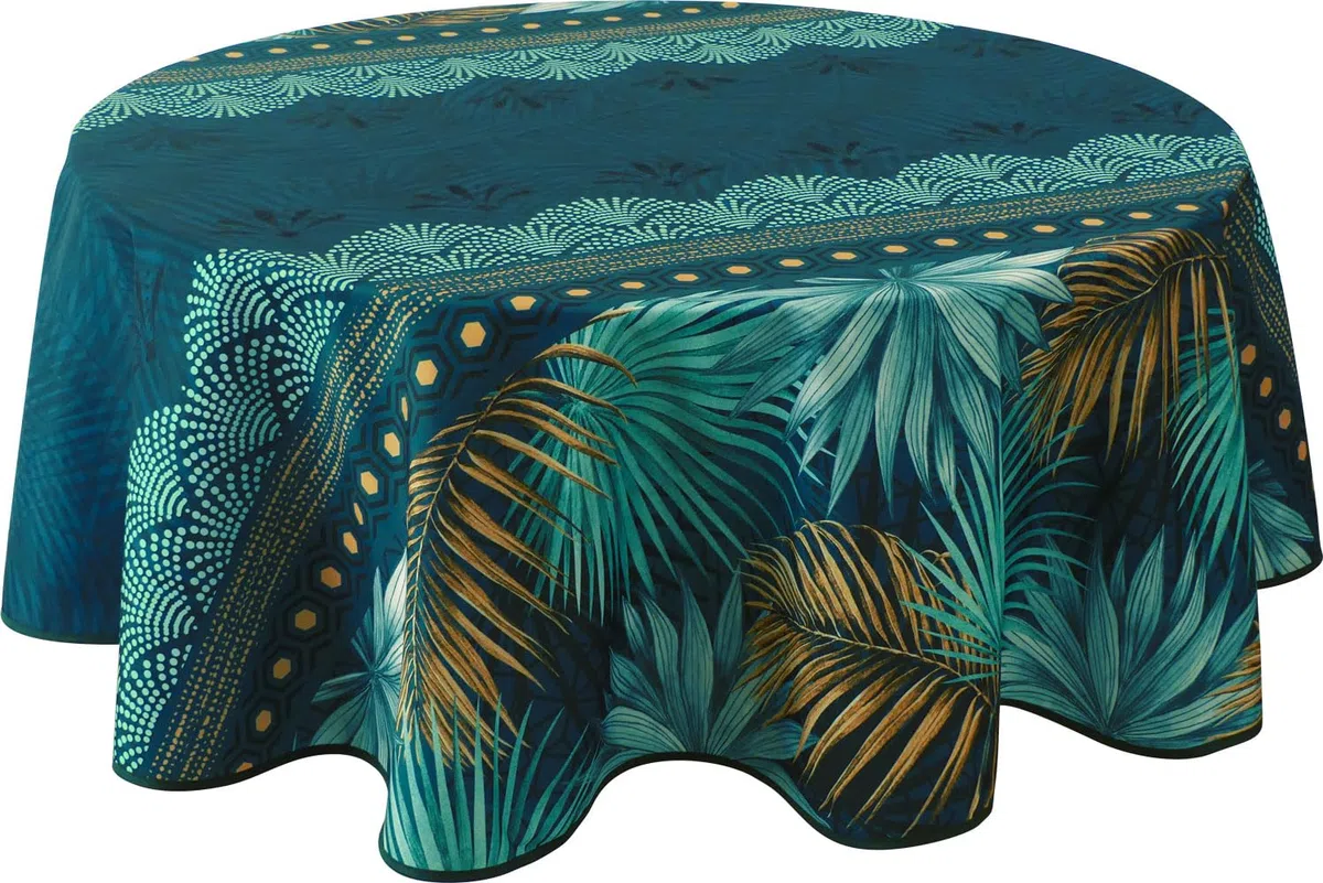 Le Linge de Jules Paraiso, tovaglia antimacchia ovale, 150 x 240 cm, blu, verde, senape