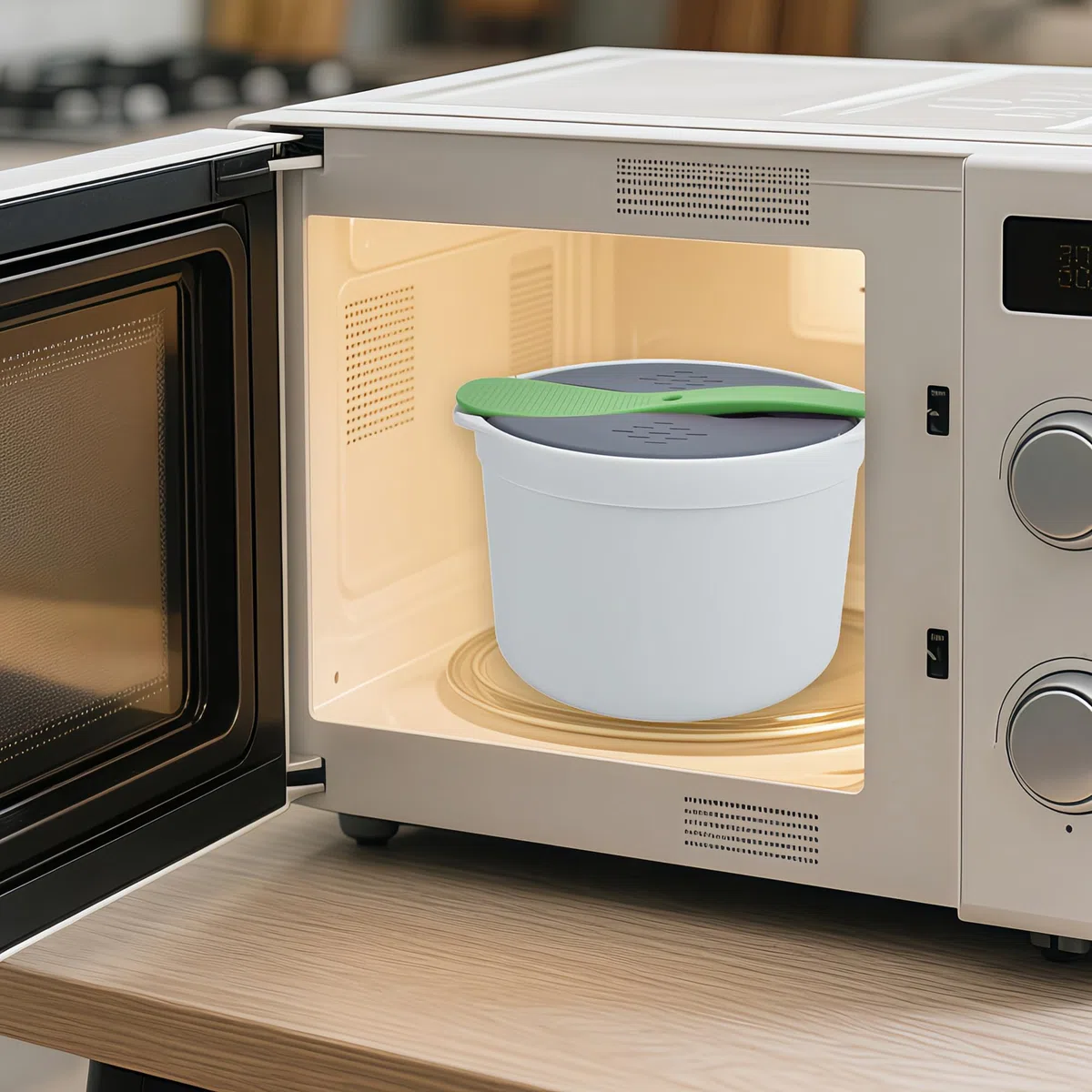 Cuociriso per Microonde, 7.28*5.12Pollices Pentola a Vapore Antiaderente, Set Pentole Preparazione Cuoci Riso Cereali per microonde Sistema Rice Cooker Cuociriso Cereali Container Steam Cooking
