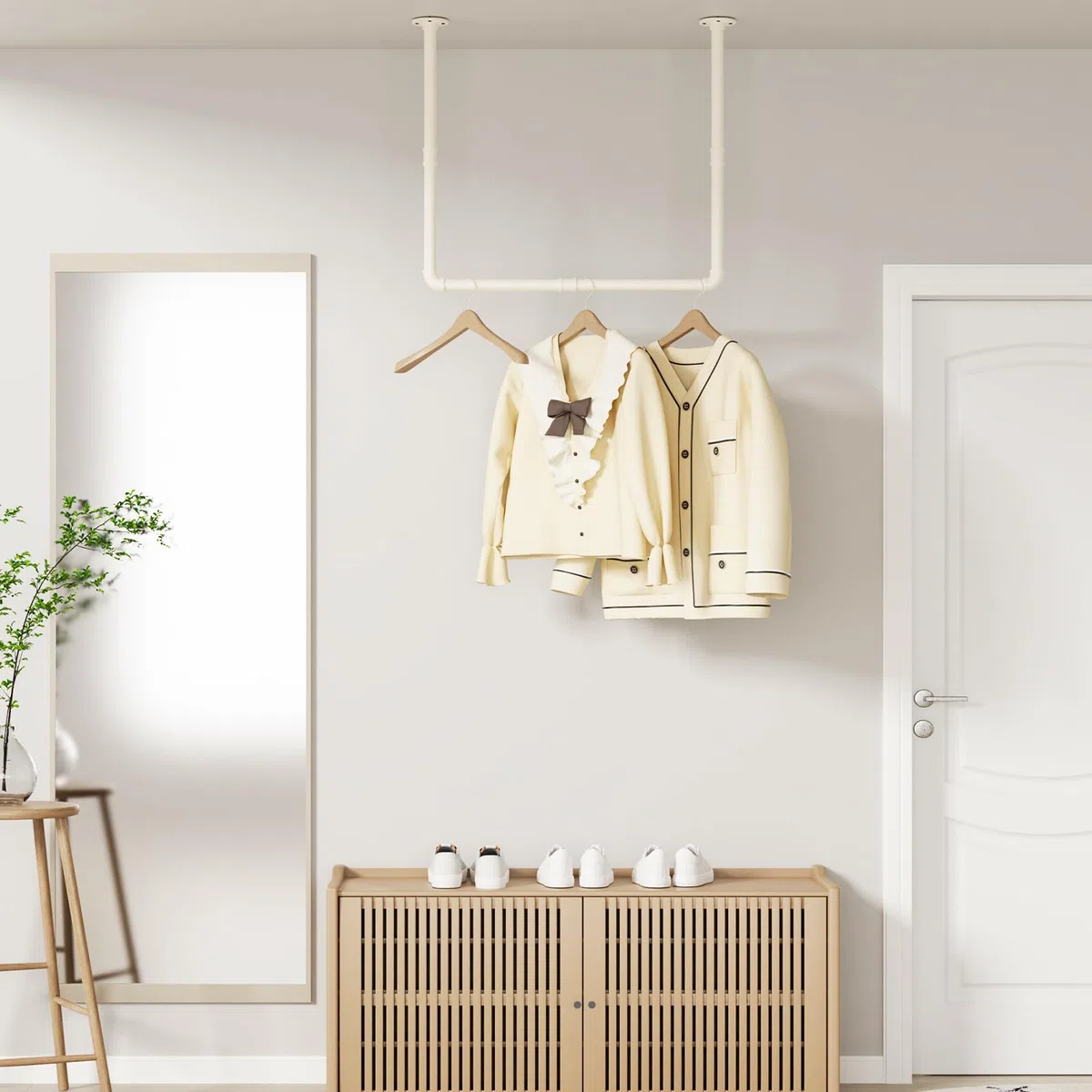 Set di 1 Appendiabiti da Soffitto Industriale, Attaccapanni da Muro 120 cm, Due Opzioni di Montaggio, Stendino da Parete, 69x60cm, Facile da Montare, Bianco