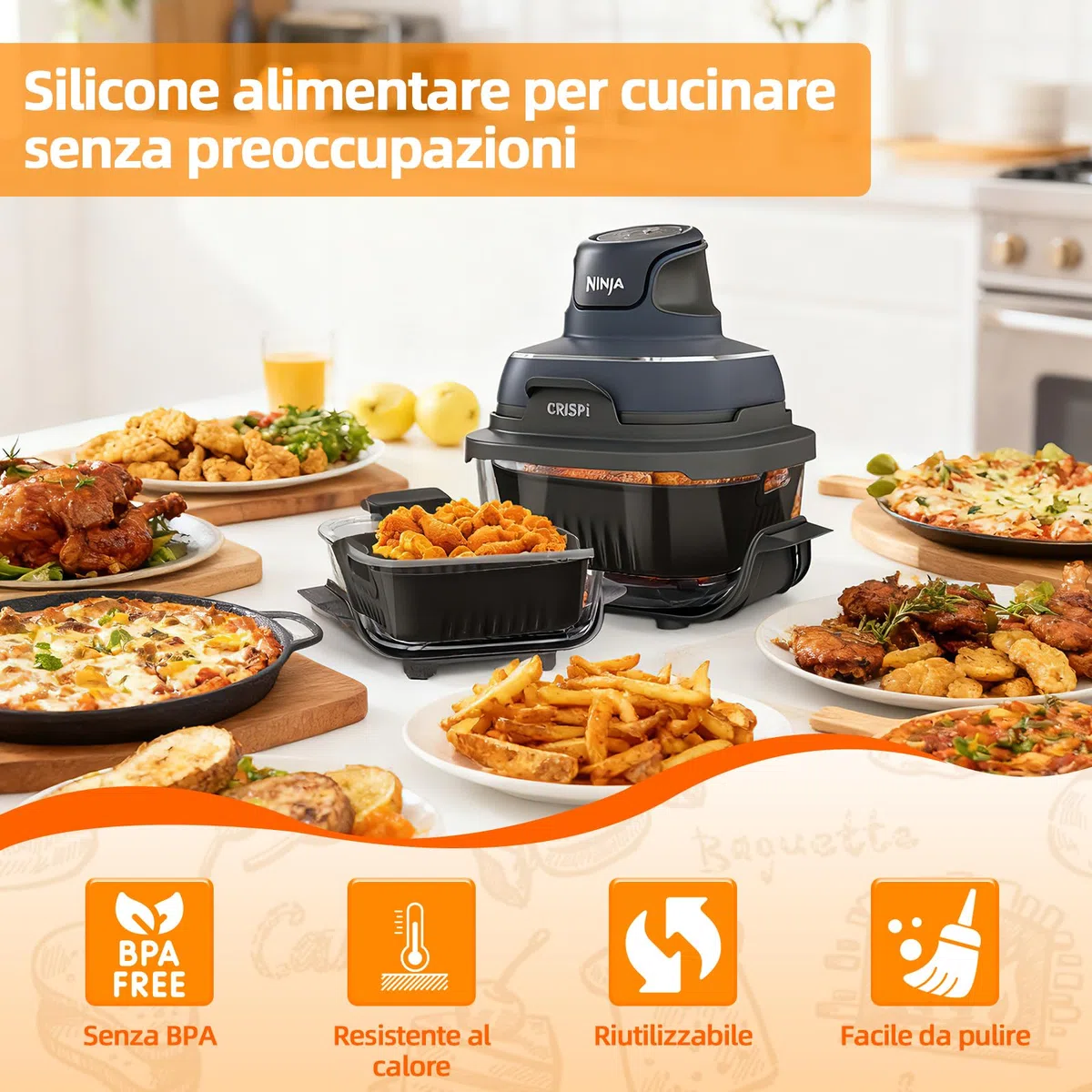 Accessori Airfryer per Ninja CRISPi FN101EU – 2 Stampi in Silicone con Coperchio Antischizzo & Tappetino in Silicone, Inserti Compatibili per Ninja CRISPi 4-in-1 Portable Glass Airfryer