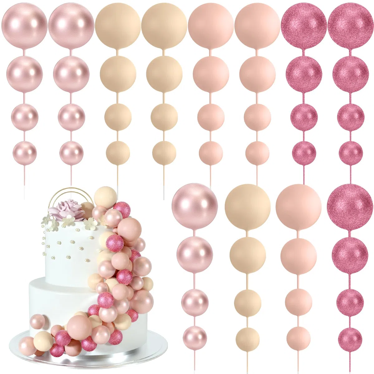 48 Pz Palline Cake Topper Decorazioni Schiuma Cupcake Topper Palline Decorazioni per Torta Compleanno per Feste di Compleanno Anniversario (Rosa Glitter, Oro Rosa, Marrone Chiaro, Albicocca)