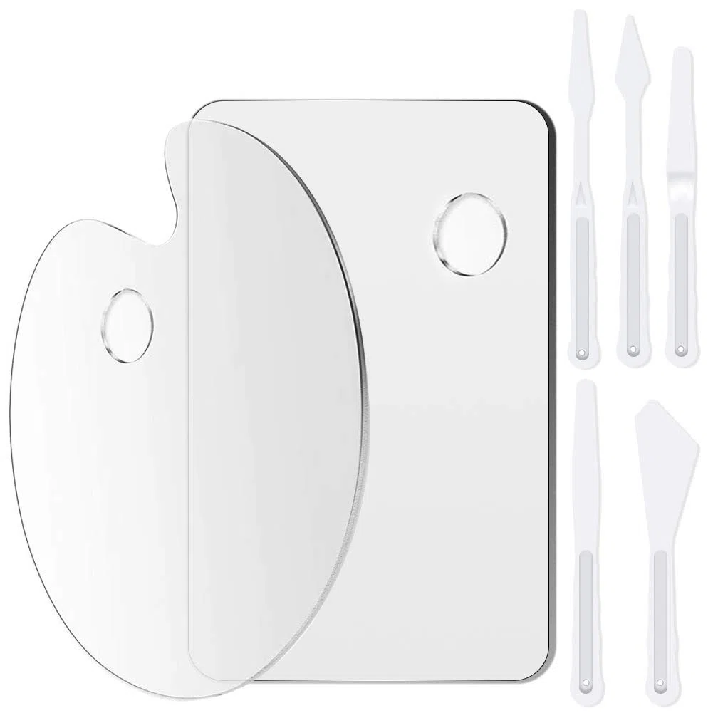 Rybtd 2Pz Acrilico Trasparente Tavolozza di Vernice con 5 PZ Spatole per Artisti in Plastica Tavolozza di Plastica Ovale per Pittura con foro per il pollice Forma Ovale Tavolozza Artistica