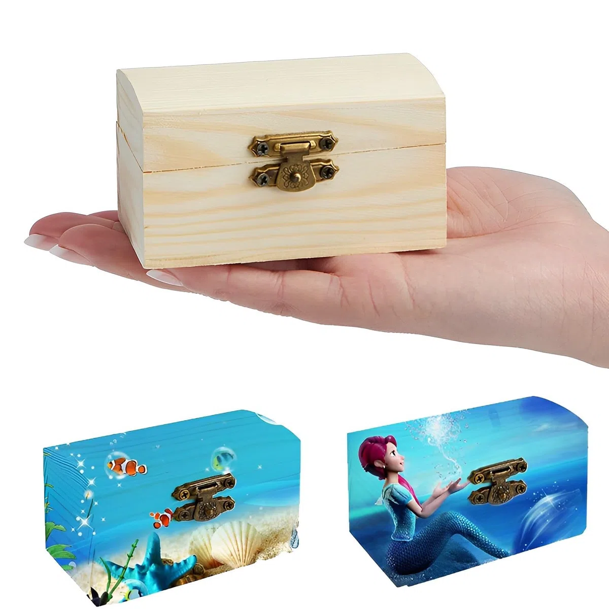 10 Pezzi Mini Cassa Del Tesoro,Con 3 Adesivi Portagioie Cassapanca Scatole in Legno Rettangolari,Scatola Di Legno Fai Da Te Con Coperchio per Feste Di Pirati Di Compleanno Dei Bambini