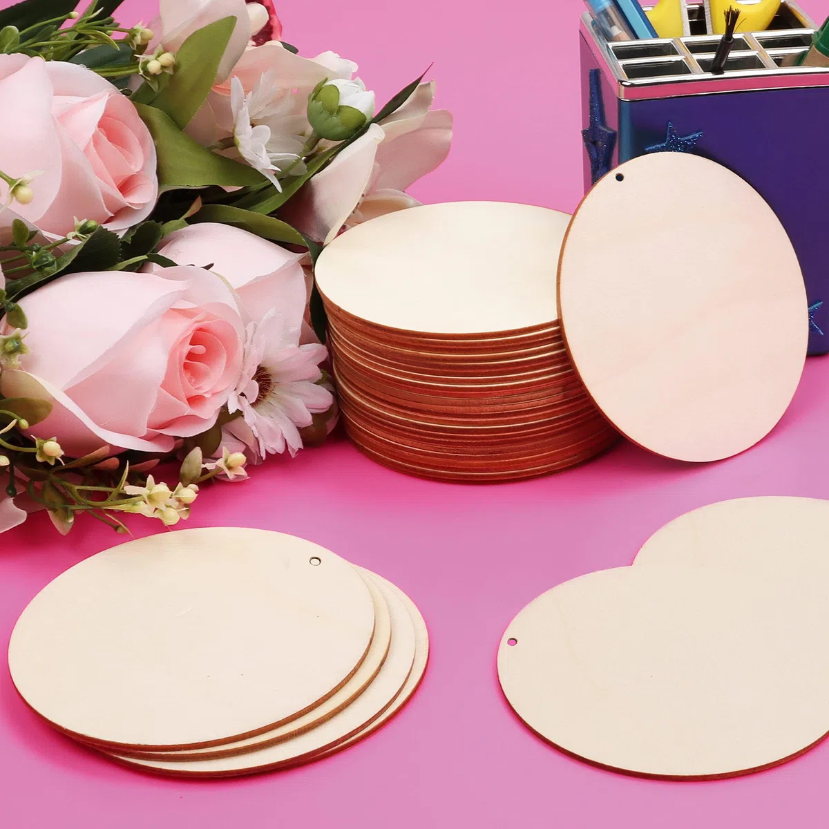 Kurtzy Dischi Legno 10 cm - Set da 50 Dischetti Legno Levigato con Foro - Cerchi Rotondi per Medaglie e Pirografia - Ideali per Fai da Te Decorazioni e Sottobicchieri