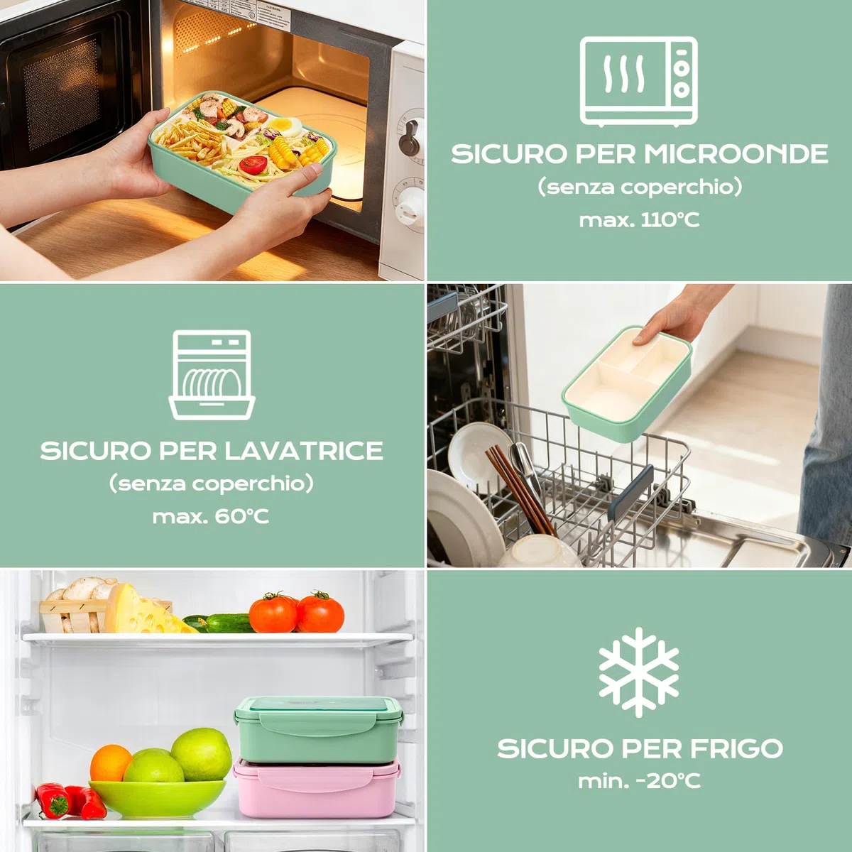 BIBURY Porta Pranzo, Lunch Box Prova di Perdite per Bambini e Adulti, Bento Box con 3 Scomparti e Posate(Forchetta e Cucchiaio), Portapranzo, Sicuri per Microonde e Lavastoviglie - Verde