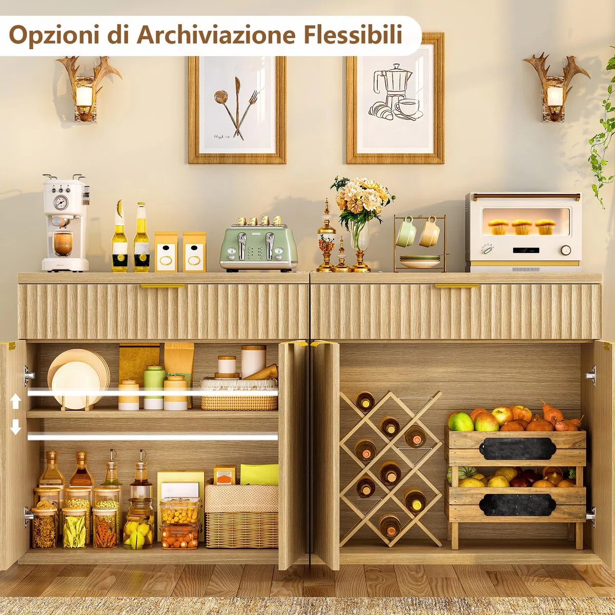 TEENFON Credenza Cucina Scanalata, Mobile con Cassetto e Ripiano Regolabile, Mobiletto Cucina in Legno Naturale con Maniglie Dorate, Credenza Soggiorno per cucina, soggiorno, ingresso-80x38x80cm