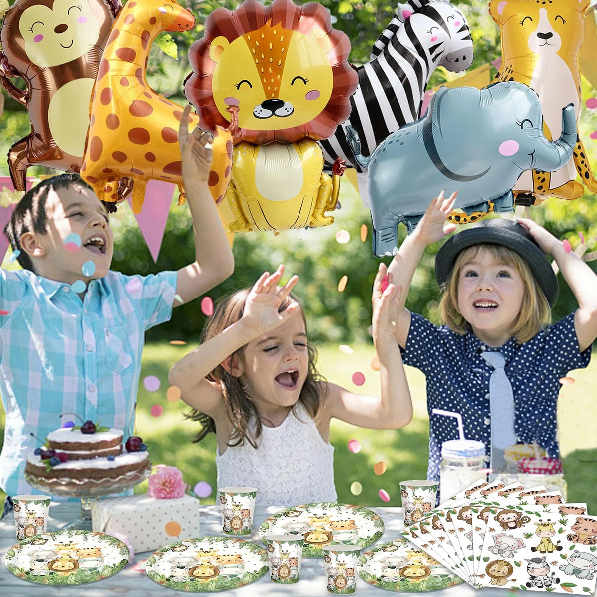 Safari nella giungla Set di decor per il compleanno,Giungla Decor di compleanno in stoviglie con palloncini in foil,Piatti di carta bicchieri tovaglioli Palloncino 20 ospiti