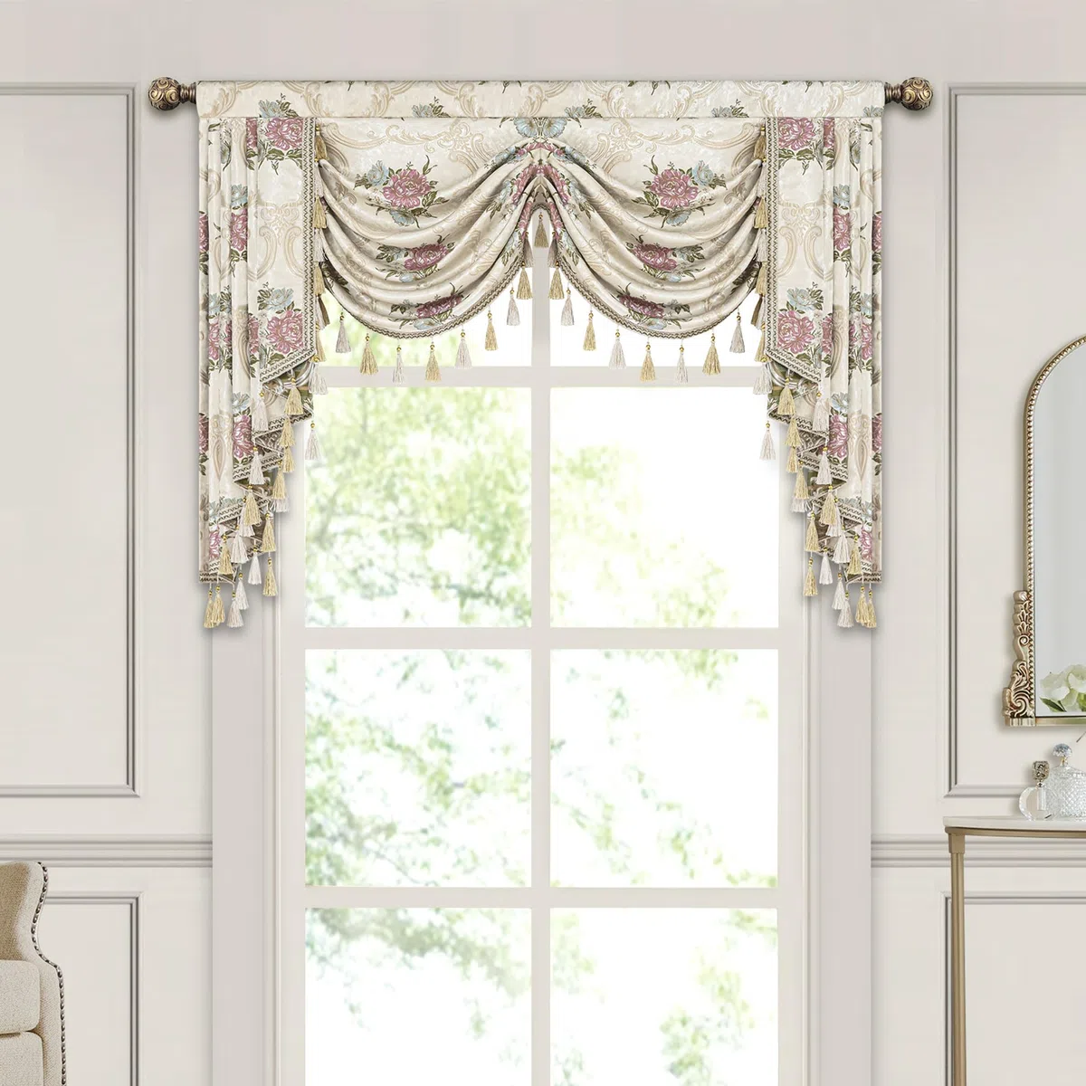 Mantovana a Cascata per Finestre, Mantovana Floreale con Nappe, Tenda Corta Jacquard per Camera da Letto Soggiorno Cucina (Larghezza 150cm, Beige)