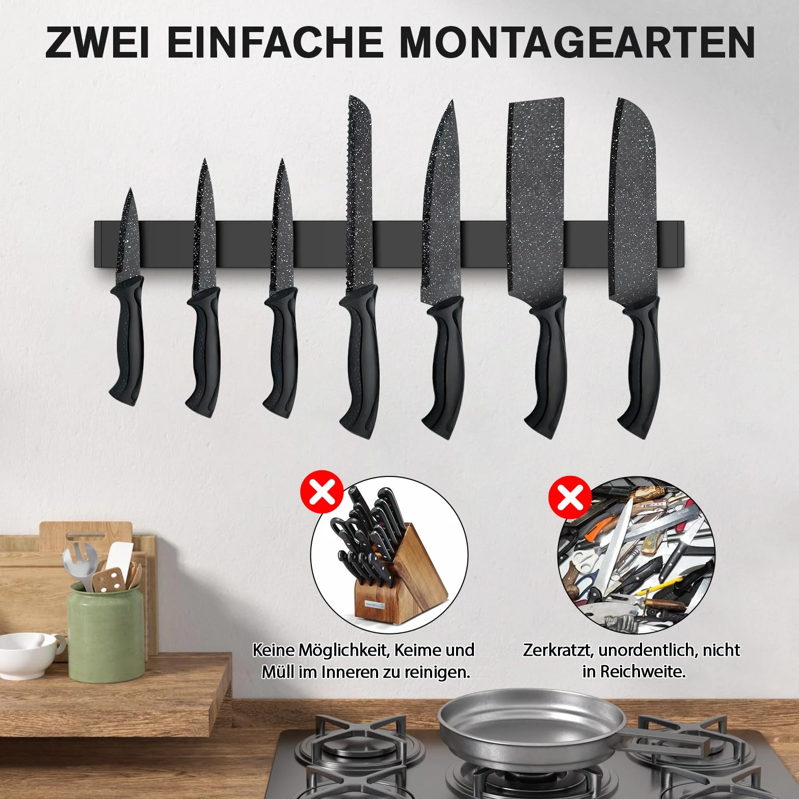 Portacoltelli Magnetico, Barra Magnetica per Coltelli, Porta Coltelli Magnetico in Inox, Porta Coltelli Cucina Senza Forare, Portacoltello Magnetico per Coltelli, Utensili (Nero, 40 cm)