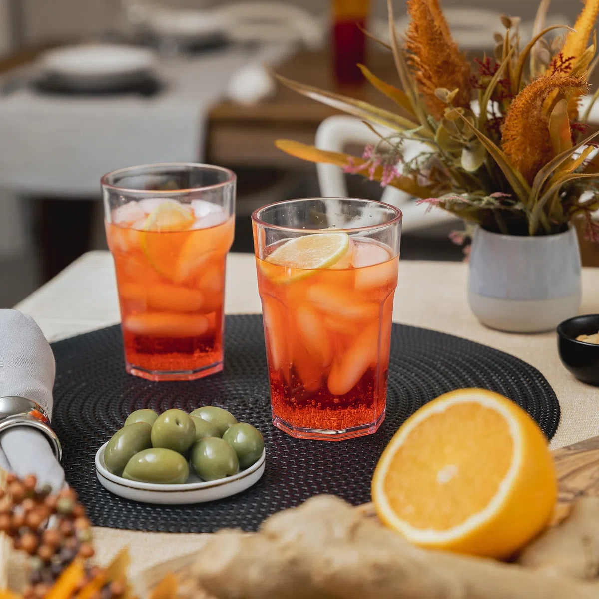 OMADA Design Set di 6 Bicchieri bar, per Cocktail, da bibita o long drink 42,5 cl, altezza 12,5 cm in plastica, infrangibili, impilabili forma ottagonale e lavabili in lavastoviglie linea Unglassy