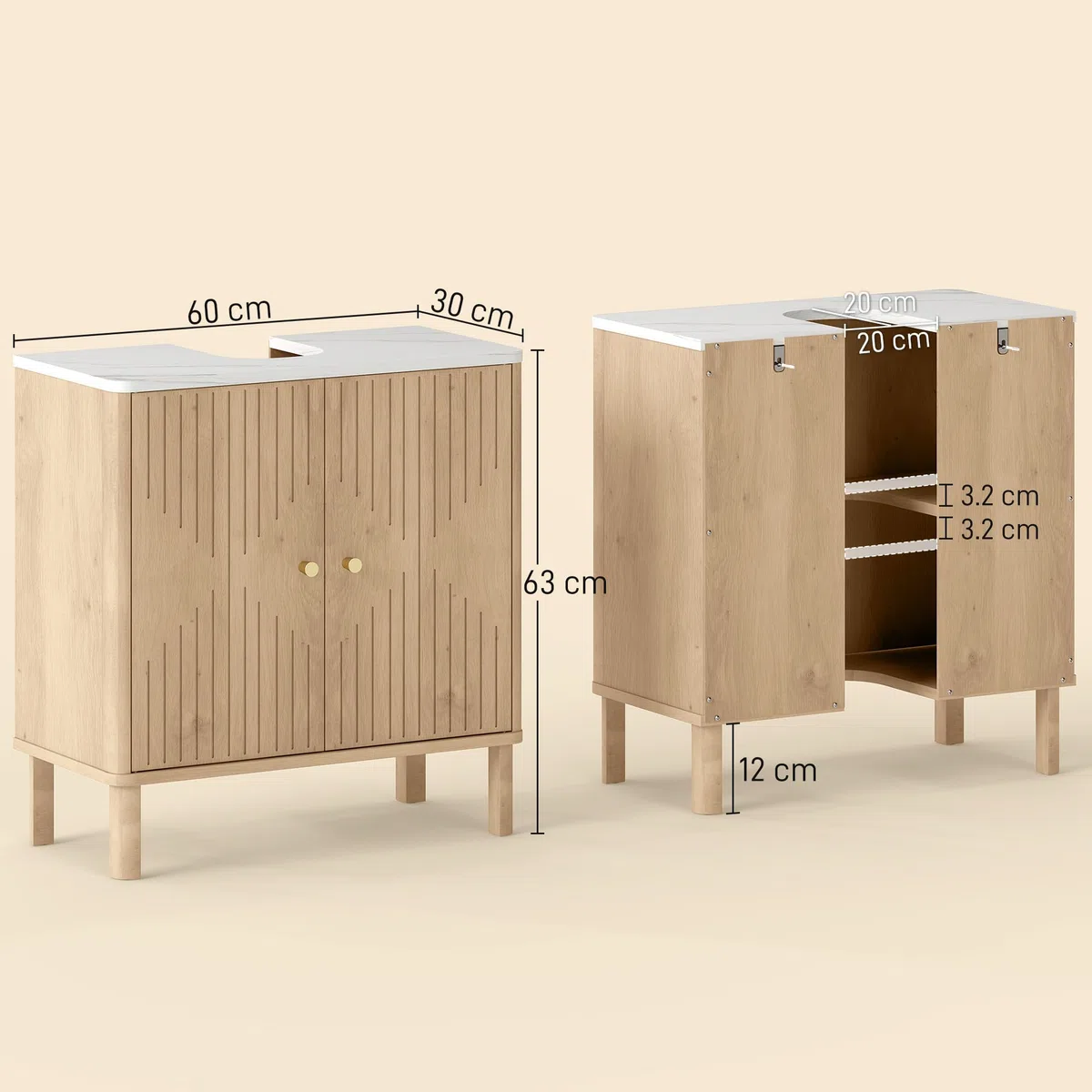 HOMCOM Mobile Sottolavabo con 2 Ante Decorate, Mobiletto Bagno con Ripiano Effetto Marmo e Mensola Regolabile Sotto Lavabo, adatto per Lavabi Con o Senza Piedistallo, Rovere