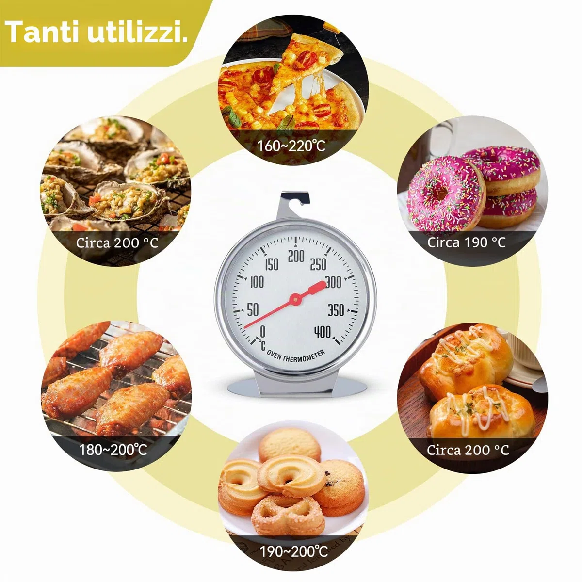 Termometro da forno, Grill Fry Termometro in acciaio inox Termometro da cucina Termometro da forno Indicatore di temperatura da forno Termometro da cucina grande termometro a quadrante termometro
